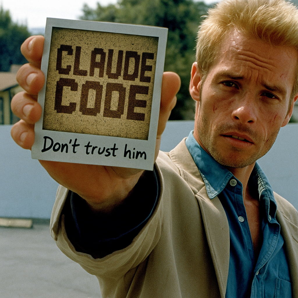 Leonard Shelby holding a Polaroid that reads "CLAUDE CODE - Don't trust him"